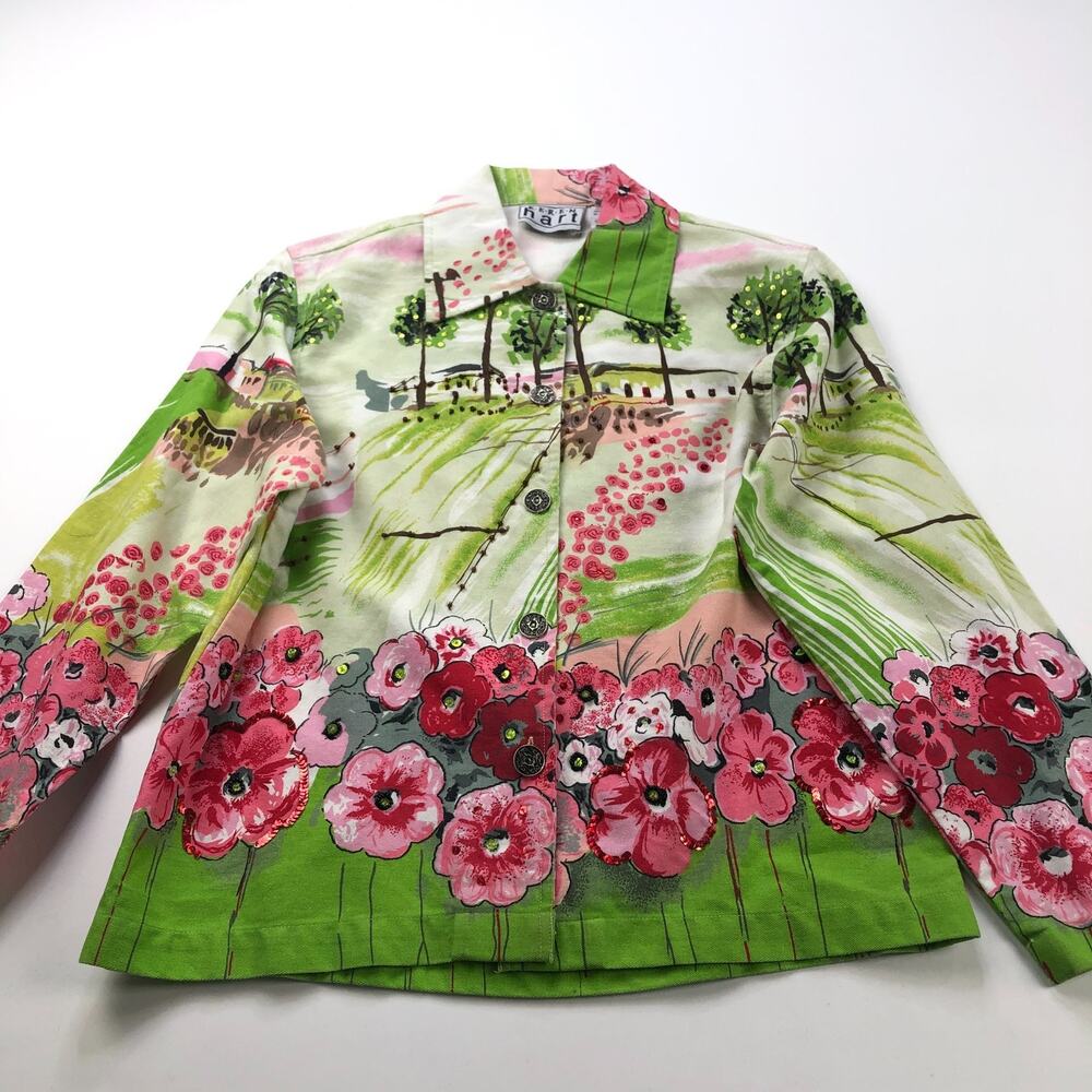 Keren Hart Small Cottage Core BOHO Cotton Button Blazer Jacket Floral Green